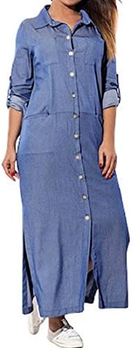 Women's Long Sleeve Denim Long Dresses Loose Plus Size T-Shirt Dress Pockets