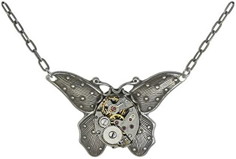 Handcrafted Silvertone Dot Butterfly Steampunk Clockwork Vintage Victorian Style Pendant Necklace