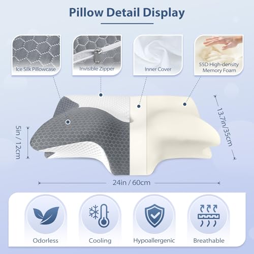 HOMCA Cervical Memory Foam Pillow, Sleeping Pillow with Breathable and Cool Cover, Ergonomic Pillows for Neck and Shoulder Pain 60 x 35 x 8/12 cm