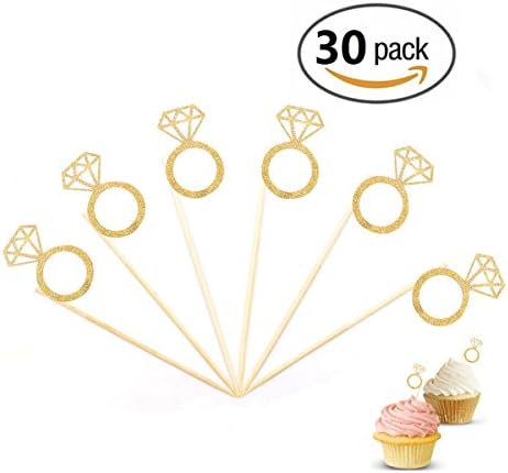 Cupcake Toppers Gold Glitter Mini Diamond Ring Wedding Cake Decorations Bridal Party Supplies Table Birthday Party Baby Shower（30 Pcs ）
