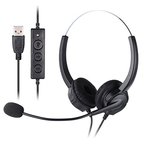 PChero USB Retracted Lightweight Internet Communication Call Center Comfort Noise Cancelling Headset with Adjustable Mic Microphone, Volume Control Mute by Knob for Laptops PCs Computers - (Binaural)