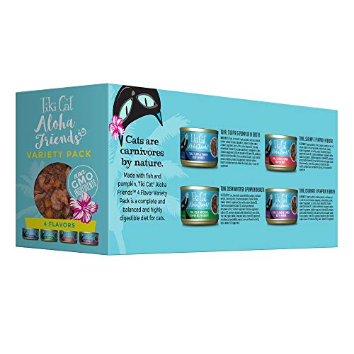 TIKI CAT ALOHA FRIENDS VARIETY PACK, SEAFOOD FLAVORS WITH PUMPKIN, WET, HIGH-PROTEIN & HIGH-MOISTURE CAT FOOD, FOR ALL LIFE STAGES, 3 OZ. CANS (PACK OF 12)