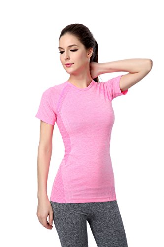 Tiheen Womens Tight-Fitting Athletic Yoga Stretchy Compression Tank Top T-Shirt Activewear(Pink L)