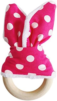 #1 Wooden Teether Ring With Plush Fabric Bunny Ears, Magenta With White Dots