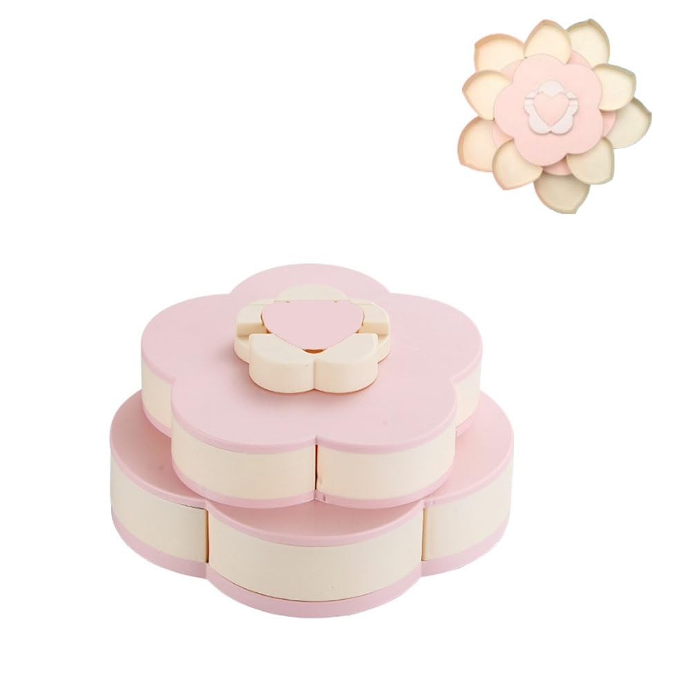 Ygapuzi Double Deck Snack Box Flower Shaped Rotating Candy Serving Containers with Phone Holder, 10 Grid Creative Snacks Storage Tray for Dried Fruit, Nuts, Chips, Olives (Pink)