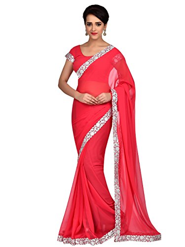 Shonaya Women's Lace Border Georgette Chiffon Red Half & Half Saree With Unstitched Blouse Piece