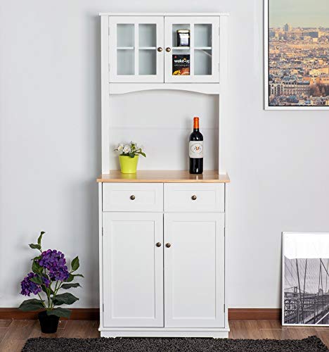 Amooly Buffet Hutch Standing Kitchen Cabinet with Top & Bottom Enclosed,Glass Doors,2 Drawers and Large Open Space for Microwave,White