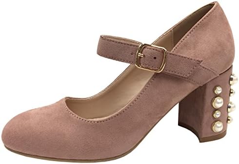 Elegant Footwear Elastic Strap Embellished Pearl Block Heel Mary Jane Pump (9 B(M) US, Blush)