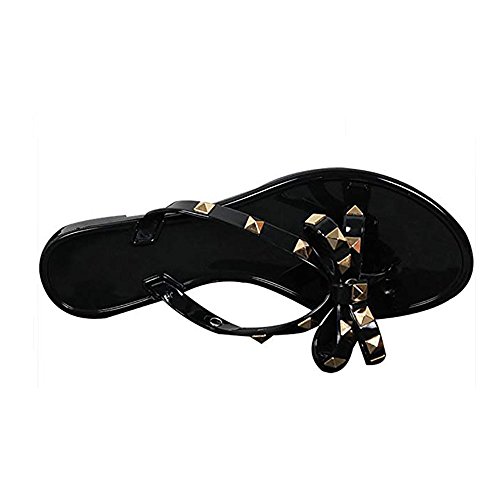 Utop Womenâ€™s Rivets Bowtie Flip Flops Jelly Thong Sandal Rubber Flat Slipper Summer Beach Rain Shoes Womens Gold Rivet Studded Bow Jelly Thong Flip Flop Sandals (US8.5=EU40=25CM, Black)