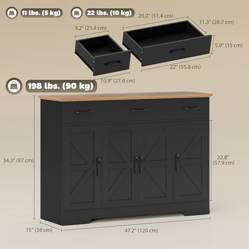 HOMCOM Farmhouse Sideboard Buffet Cabinet with Soft-Close Hinges, 47" Coffee Bar Cabinet with 3 Drawers and 3 Adjustable Shelves, Kitchen Pantry with Spice Racks, Black Wood Grain