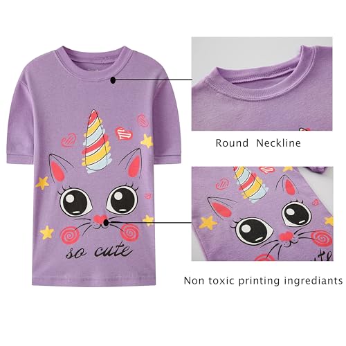 JOYOND GIRLS SUMMER COTTON PAJAMAS 4 PIECE SNUG-FIT SLEEPWEAR FOR TODDLER CLOTHES KIDS SHORT SLEEVES CUTE CAT PJS SET 4T