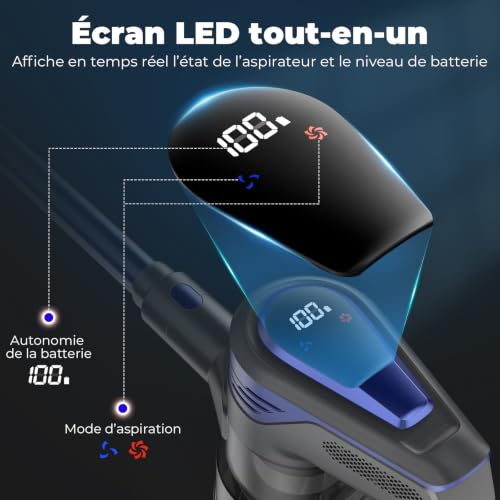 Cordless Vacuum Cleaner, 300 W Powerful Wireless Vacuum Cleaner, 45 Min Autonomy, Anti-Tangle Brush, Removable Battery, Bagless Vacuum Cleaner with LED Screen for Carpet Pet Hair Hard Floor (B)