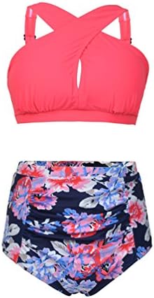 Lemiu Women's Vintage Plus Size Floarl Two Piece High Waist Front Cross Swimsuit Bikini