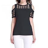 Tulucky Women's Cold Shoulder Hollow Out Tee Shirts Short Sleeve Casual Tops