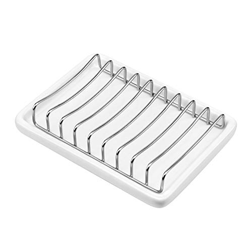 Slideep Ceramic Soap Dish Holder, Stainless Steel Soap Bar Holder for Bathroom and Shower, Double Layer Draining Soap Box