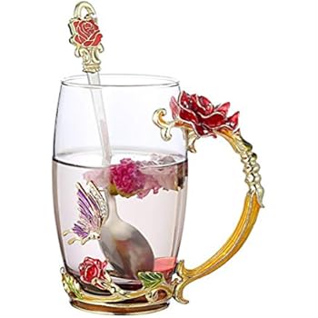 Tebery Tea Cup Coffee Mug Cups with Spoon Handmade Butterfly Rose Glass Coffee Cups Tea Mugs for Friend Wedding Anniversary Birthday Mother's Day Presents, 13oz