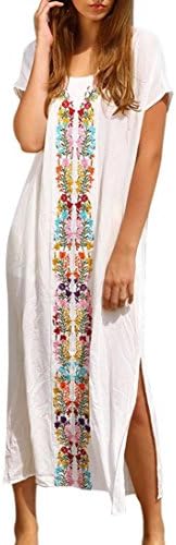 Clearance ! Shybuy Women's Colorful Cotton Embroidered Turkish Kaftans Beachwear Bikini Cover up Dress (Free Size, White)