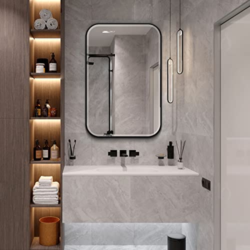 Fundin Plastic Black Medicine Cabinet, Beveled Edge Mirror Door with Round Corner Metal Frame, Recessed and Surface Mount Bathroom Medicine Cabinet, 16 x 24 inch Mirror Size