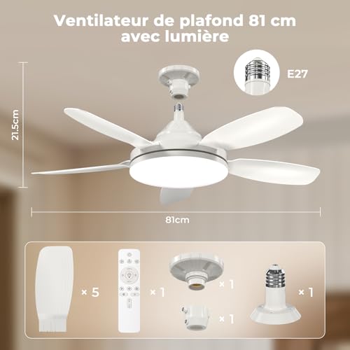 GOODEA Ventilateur de Plafond avec Lumière et Telecommande 81cm, E27 & 5 Pales à Encliquetage, 3 Couleurs & 2500LM Très Lustre Ventilateur Plafond Silencieux Minuterie Mémoire pour Salon Chambre