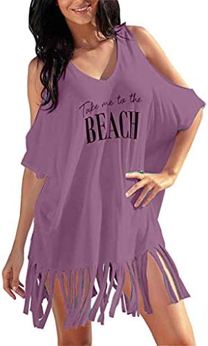 Keepfit Womens Tassel Letters Print Swimwear, Casual Bikini Cover-UPS Beach Dress