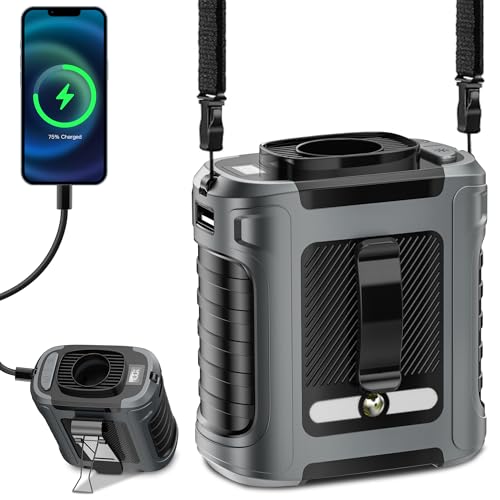 Portable Waist Fan, 5 Speeds 20000RPM Strong Airflow, 10000mAh Battery Powered, with Display, Flashlight, Hands-Free Hanging Neck Fan, Clip on Wearable Belt Personal Fan, for Camping,Outdoor,Jobsite