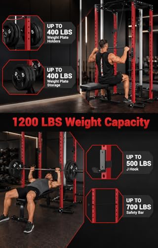 All in One Power Cage Squat Rack with LAT Pulldown & Cable Pulley System, 1200LBS Home Gym Power Rack with Dip Bars, Pull Up Bar, Weight Rack for Bench Press & Strength Training