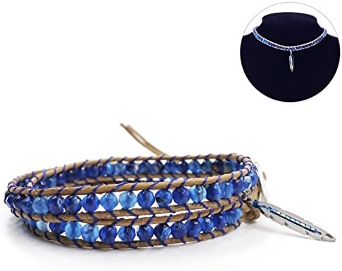 2 Wrap Leather Bracelet Leaf Choker Necklace - Blue Star - Faceted Agate Beaded Stainless Steel Button