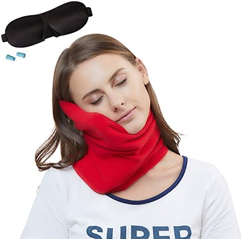 CLOYHU Travel Pillow，Soft Neck Support Pillow with 3D Eye Mask and Earplugs-Lightweight, Attachable to Luggage-Specially Designed for Airplanes, Cars, Buses, Trains, Office Napping (Red)