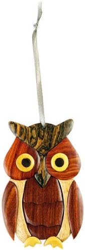 Holy Land Mall Owl Christmas Tree Ornament Handcrafted Intarsia Wood Mosaic Double Sided with Ribbon