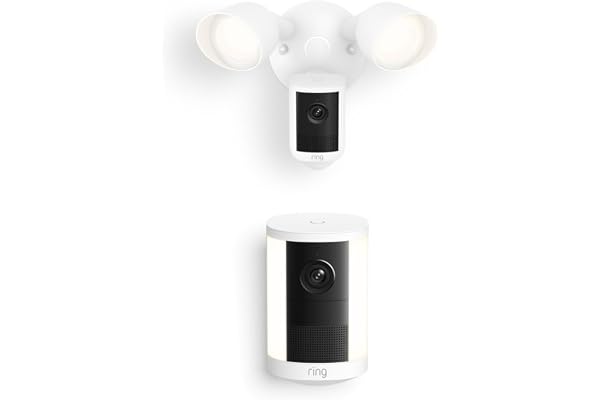 Ring Floodlight Cam, Wired (newest model), White with Spotlight Cam, Plug-In (newest model), White