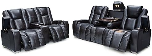 Barcalounger Griffith Home Theater Seating Multimedia Leather Sofa and Loveseat Set with Power Recline and Powered Headrests (Black)