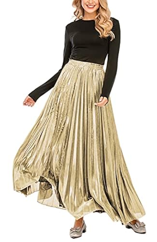 CHARTOU Women's Metallic Accordion Pleated Long Skirt – Elastic Waist Party & Formal Skirt