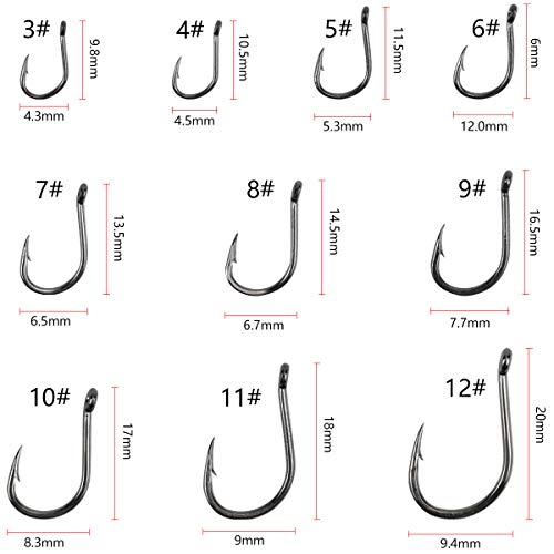 Jinlaili Angelhaken, 600 STK Kohlenstoffstahl Angelhaken in 10 GröÃen, Angelhaken mit Widerhaken, Angelhaken mit Ãse, Angelzubehör mit Kunststoffbox, 3# - 12# – Bild 3