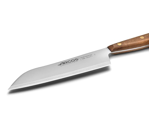ARCOS SANTOKU KNIFE 7 INCH STAINLESS STEEL. JAPANESE KITCHEN KNIFE FOR FISH, MEAT AND VEGETABLES. OVENGKOL WOOD HANDLE 100% NATURAL FSC AND 190MM BLADE. SERIES NORDIKA. COLOR BROWN.