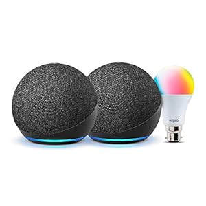 All-new Echo Dot (4th Gen, Black) gift twin pack with Wipro 9W LED smart color bulb