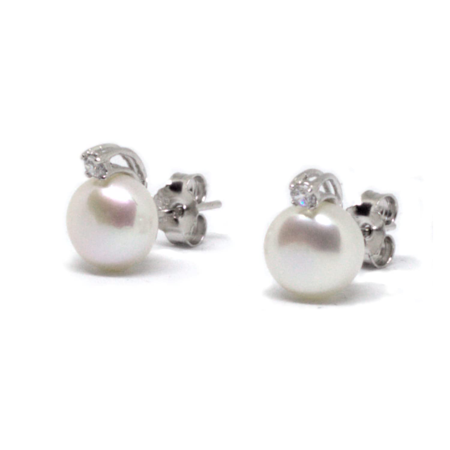 Fit for a Queen Cultured White 9-10mm Pearl Drop & CZ Silver Stud Earrings