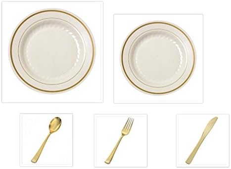 500 Pieces Plastic China Plate Silverware Combo for 100 people BONE with GOLD Reflection Masterpiece Like