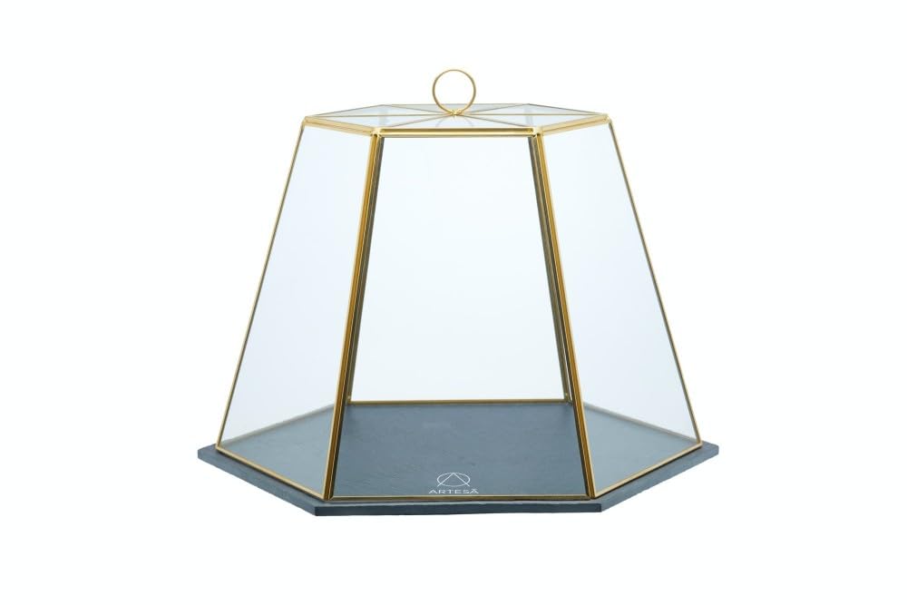 Artesà Geometric Glass Cake Dome, Cheese Dome with Lid, Slate Serving Board, 31 x 27.5 x 25cm, Brass Effect