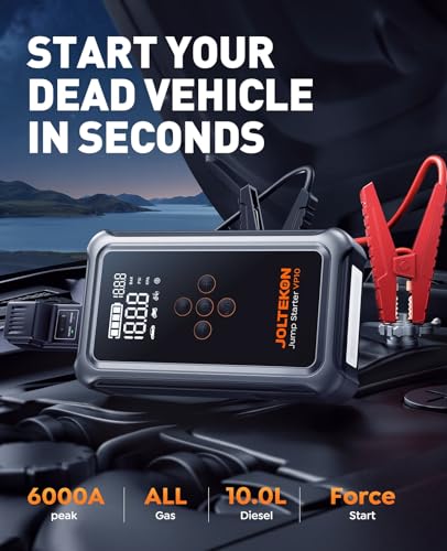 Joltekon Car Battery Jump Starter with Air Compressor 6000A 150PSI, Car Jumper Starter Portable (All Gas/10L Diesel), Jump Box Car Battery with Auto-Shutoff Tire Inflator, Jumper Cables and Light