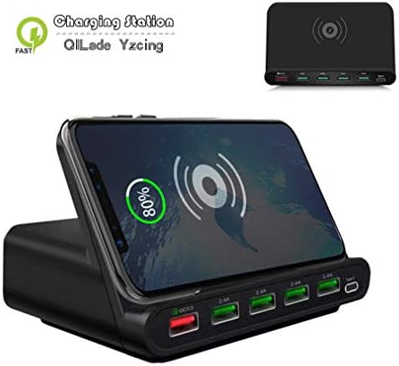 QILade Yzcing Wireless Charger with 6 USB Ports Charging Staition Quick Charge 3.0 Holder USB-C AC Adapter for iPhone, iPad, Samsung, Android Phone, Tablet and More