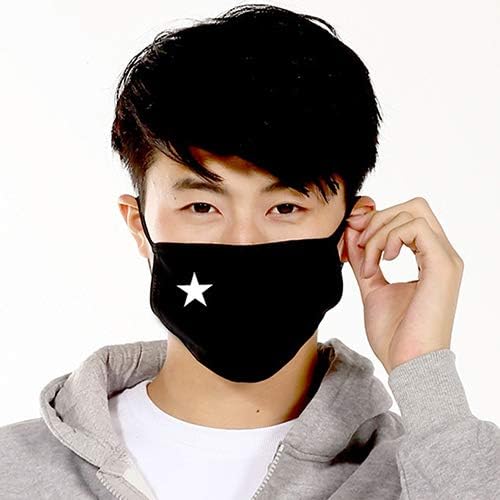 cA0boluoC White Star Pattern Cotton Mouth Mask, Elastics Earloops Windproof Masks for Men Women, PM 2.5 Protection Anti Fog Flu Haze Virus Dust Washable Reusable Mask (Black)