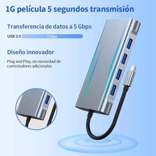 vantisan HUB USB C,11 en 1 Adaptador Tipo C,Multipuerto Hub Tipo C con HDMI 4K@30Hz, 100M Ethernet,1USB 3.0,3USB 2.0,Puerto VGA,Carga PD 100W,Lector de Tarjetas SD/TF y Conector de Audio de 3,5 mm