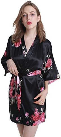 Vogue Forefront Women's Satin Short Kimono Robe Bathrobe with Original Designs, Large, Flower E Black