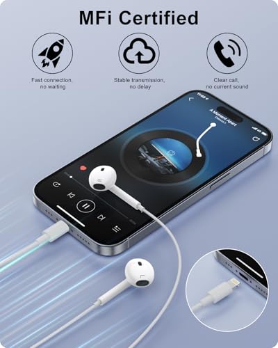 Écouteurs Filaires pour iPhone, [Certifié MFi] Intra-Auriculaires HiFi Stéréo avec Microphone et Contrôle du Volume, Casque Lightning Compatibles avec iPhone 14/14 Pro/13/12/11/XR/XS/X/8/7/SE