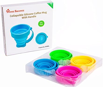 Home Shoppie Silicone Collapsible Coffee Mug with Handle - BPA Free - 200ml (7 oz) - Set of 4 Reusable Foldable Travel Cups