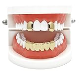 Gold Grillz Best gift for Son-New Custom Fit 14k Plated Gold, Silver, Rose Gold Grillz - Excellent Cut for All Types Of Teeth - Top and Bottom Grill Set - Hip Hop Bling Grillz