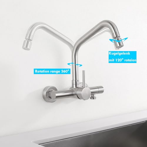ONECE Wall Mounted Kitchen Tap with 2 Modes, with Dishwasher/Washing Machine Interface 3/4 Inch Wall Mixer Tap with Rotating Nozzle, 360° Swivel Taps, Stainless Steel 304, Removable Aerator