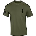 Mens Christian Shirt Faith Cross Crest American Flag Sleeve T-Shirt Graphic Tee