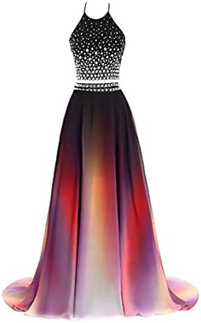 The Peachess Women's Two Piece Gradient Chiffon Long Prom Dress Ombre Beads Evening Dresses