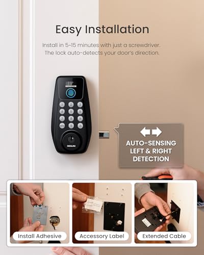 DESLOC C110 Fingerprint Keyless Entry Door Locks, Front Door Smart Lock Deadbolt with Handle Set, Auto-Lock, Backlit Keypad, 12 Months Battery, IP54, BHMA Grade 3 (Black)